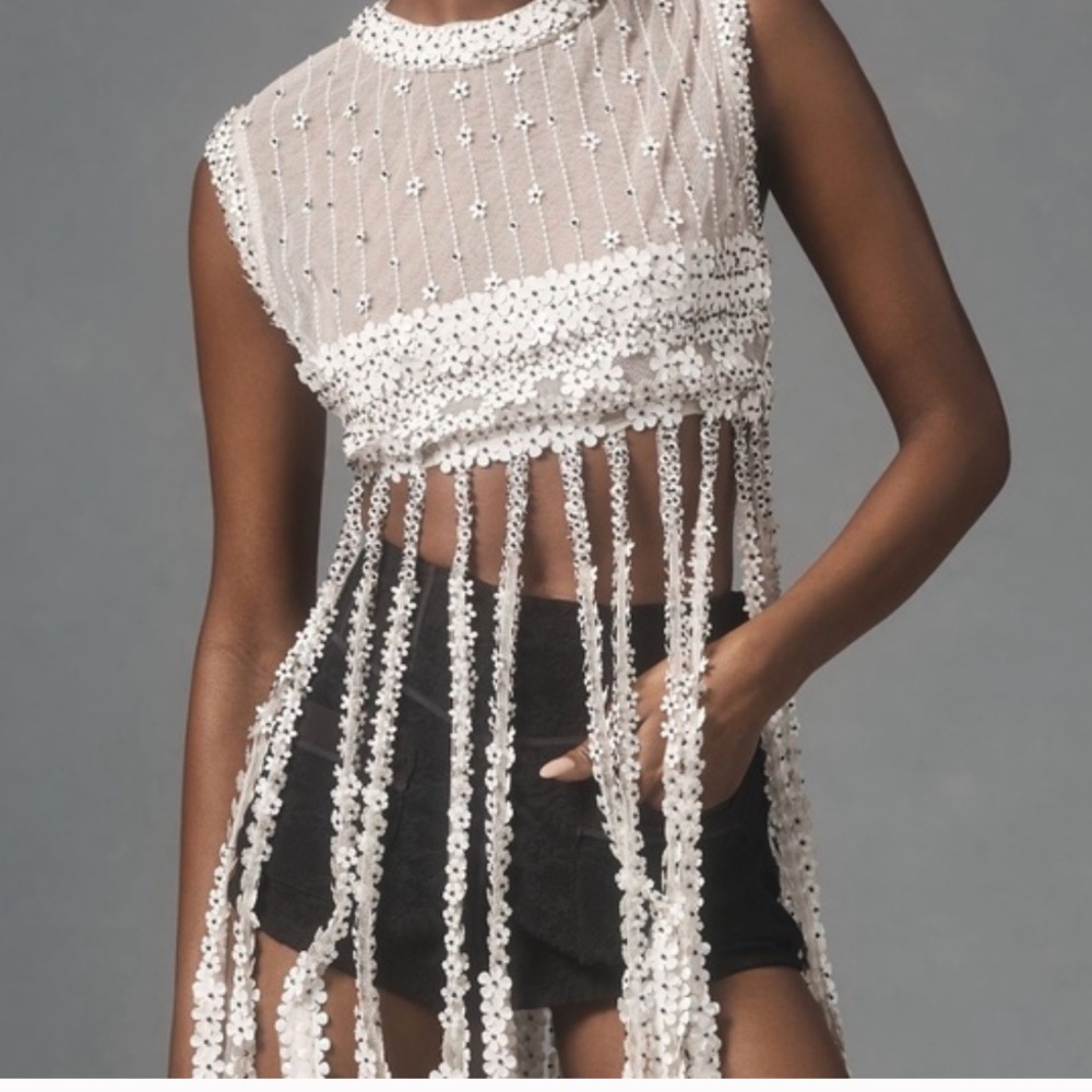 Anthropologie White Beaded Fringe Top